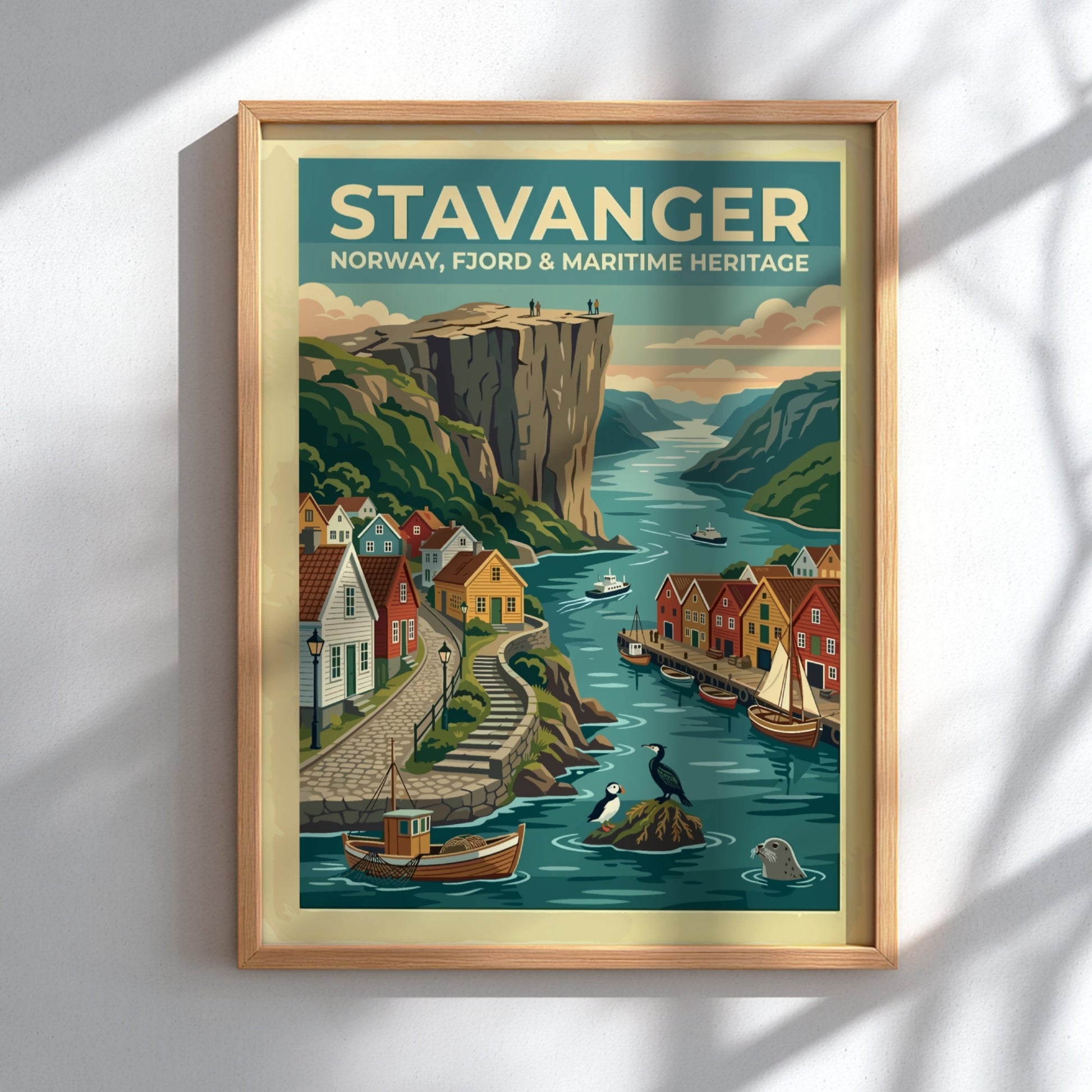 Travel poster of Stavanger Norway showing colorful houses by the fjord and cliffs.