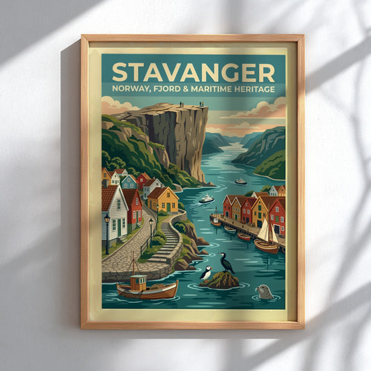 Travel poster of Stavanger Norway showing colorful houses by the fjord and cliffs.