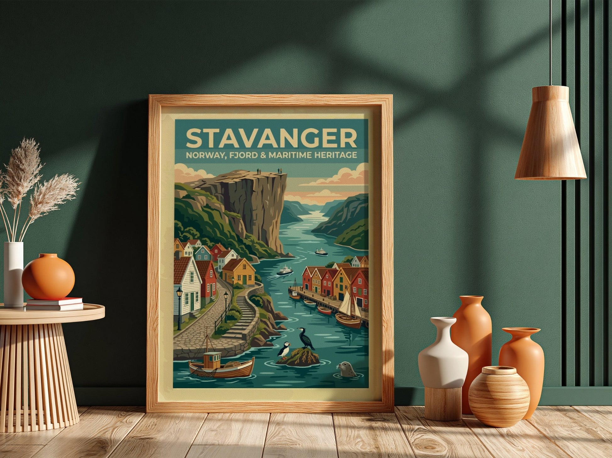 Travel poster of Stavanger Norway showing colorful houses by the fjord and cliffs.