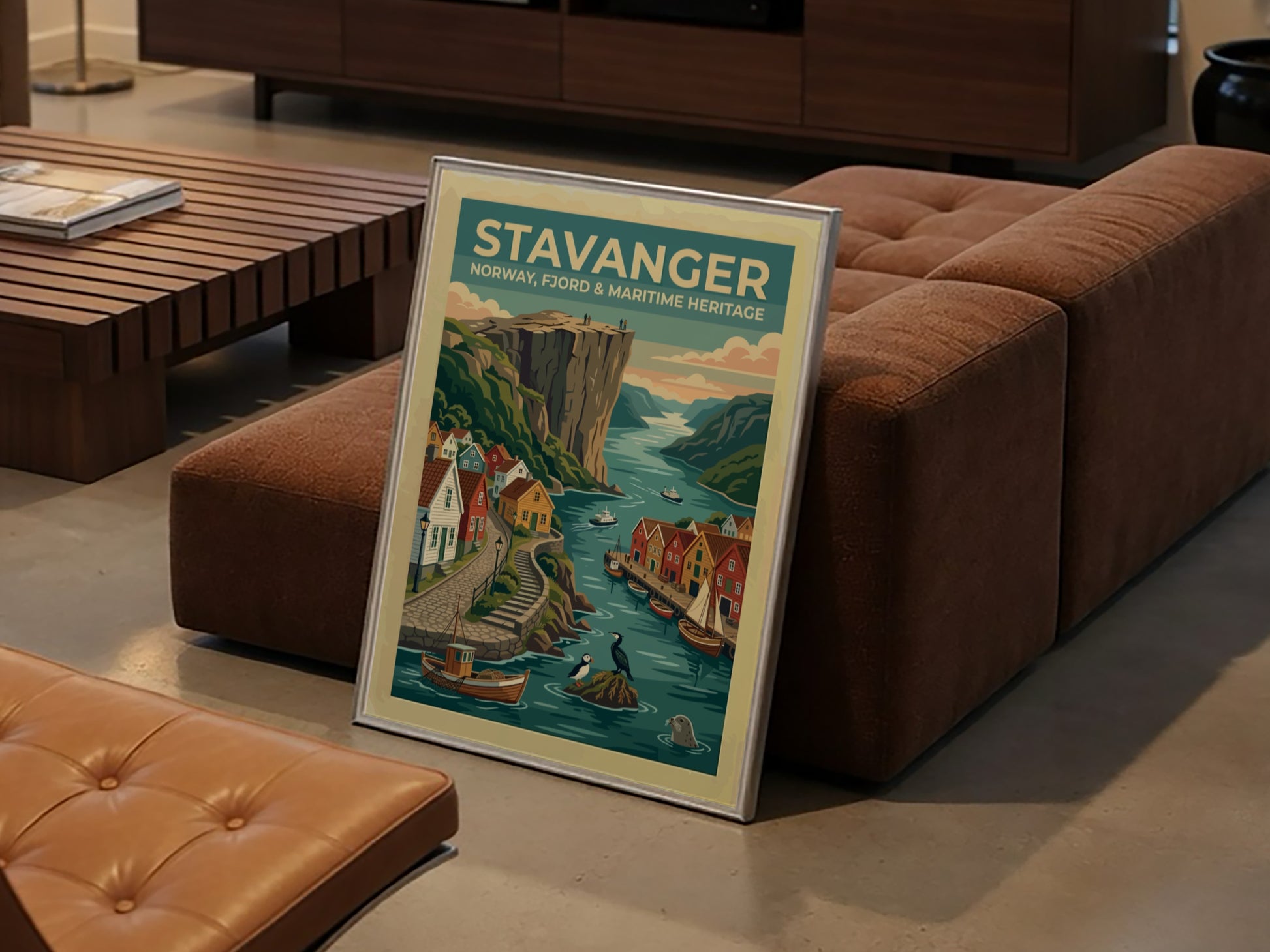 Travel poster of Stavanger Norway showing colorful houses by the fjord and cliffs.
