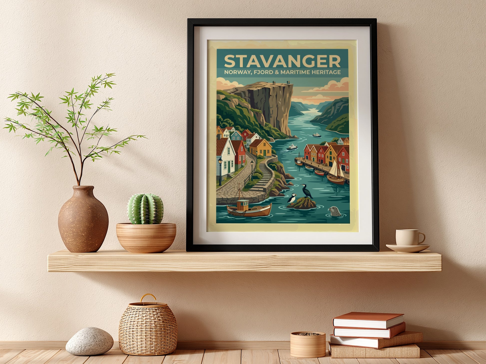 Travel poster of Stavanger Norway showing colorful houses by the fjord and cliffs.