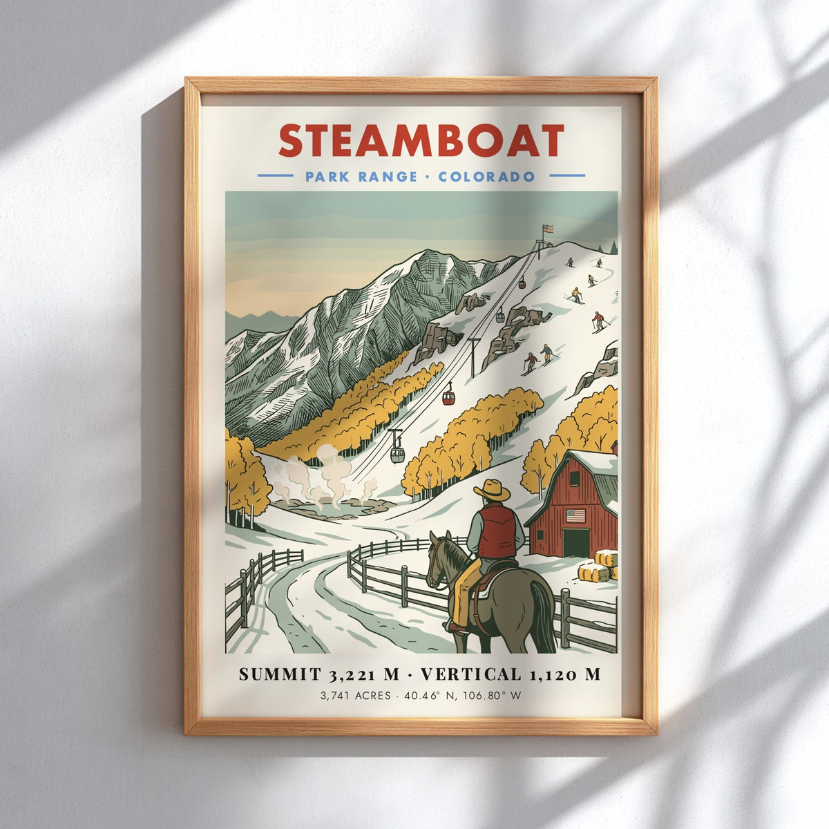 Poster of Steamboat Colorado with a cowboy on horseback watching skiers on snowy slopes.