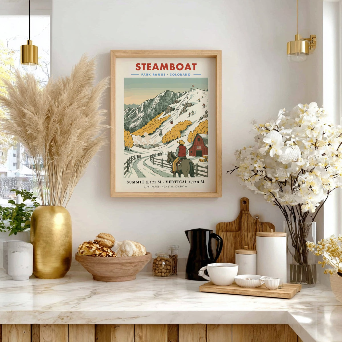 Poster of Steamboat Colorado with a cowboy on horseback watching skiers on snowy slopes.