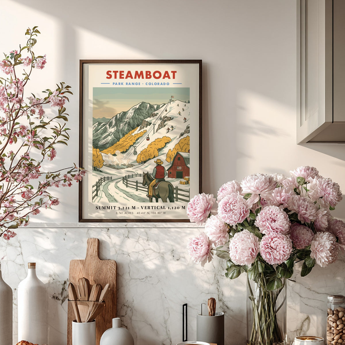 Poster of Steamboat Colorado with a cowboy on horseback watching skiers on snowy slopes.