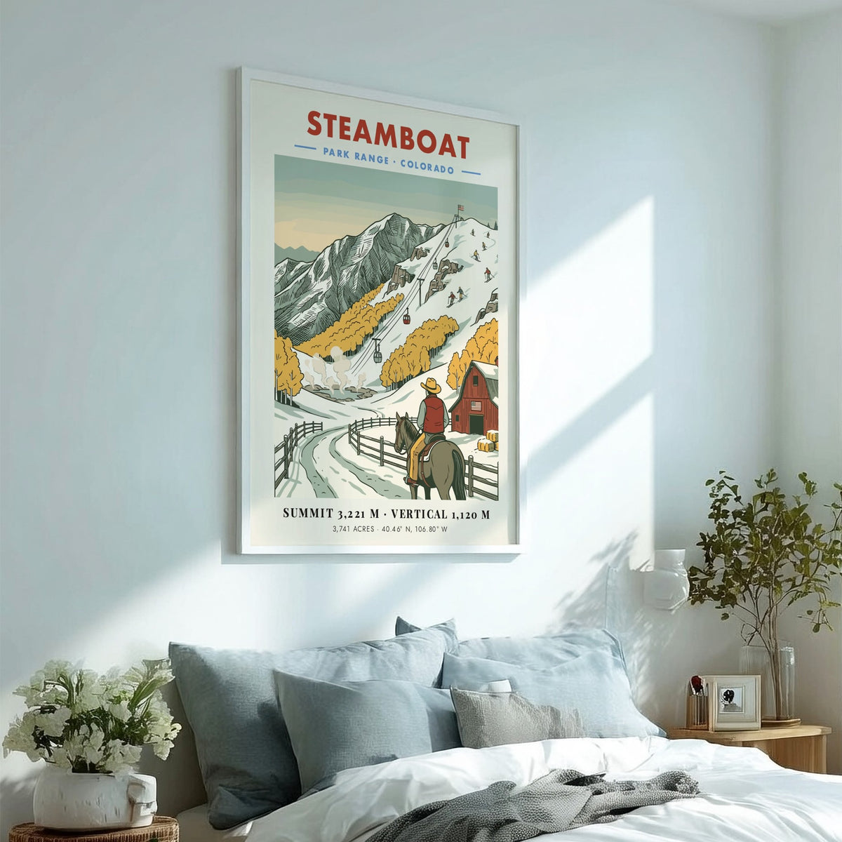 Poster of Steamboat Colorado with a cowboy on horseback watching skiers on snowy slopes.