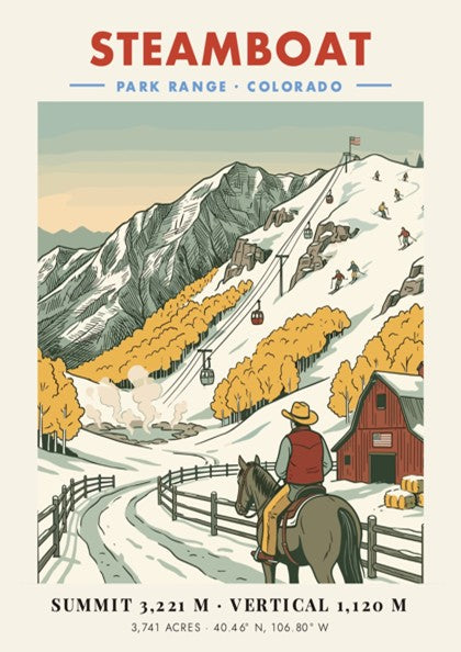 Poster of Steamboat Colorado with a cowboy on horseback watching skiers on snowy slopes.