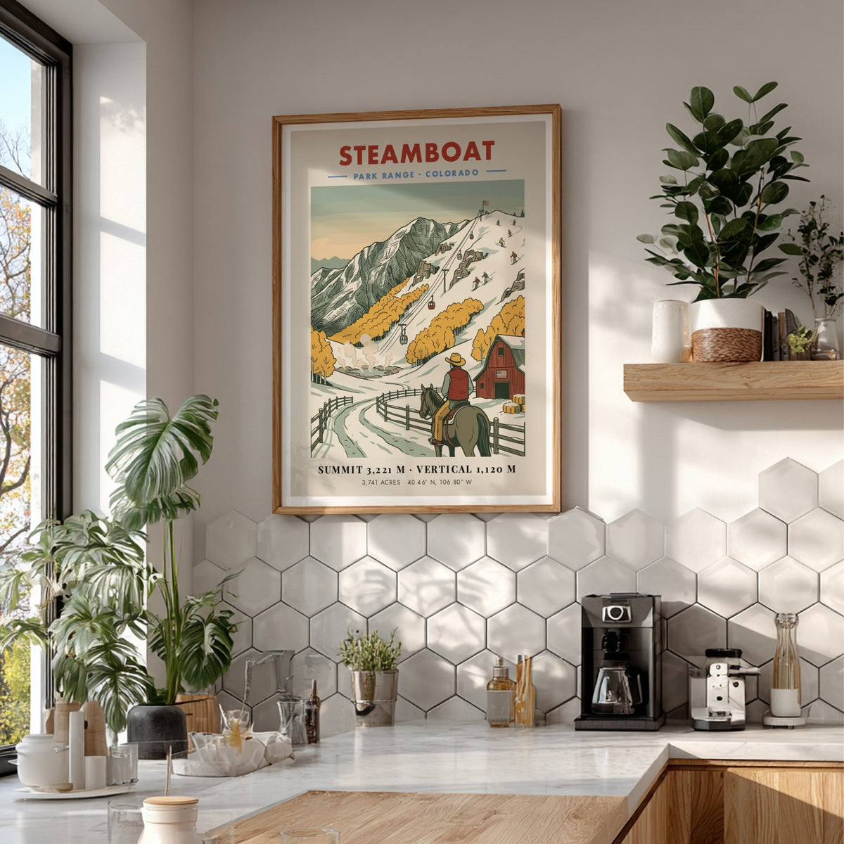 Poster of Steamboat Colorado with a cowboy on horseback watching skiers on snowy slopes.
