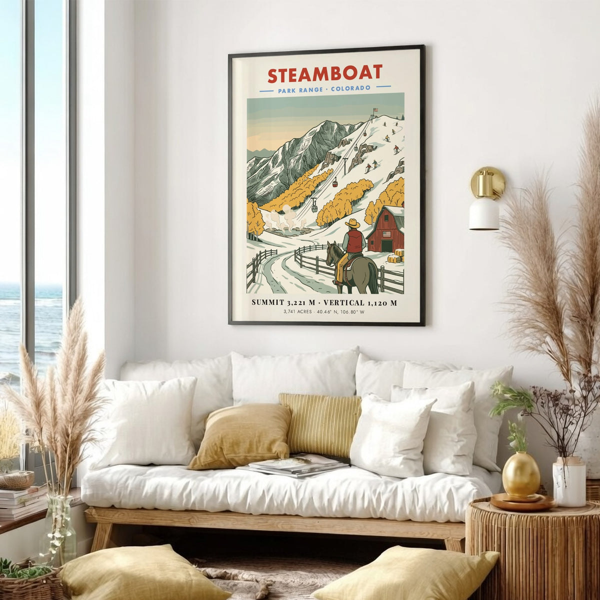 Poster of Steamboat Colorado with a cowboy on horseback watching skiers on snowy slopes.