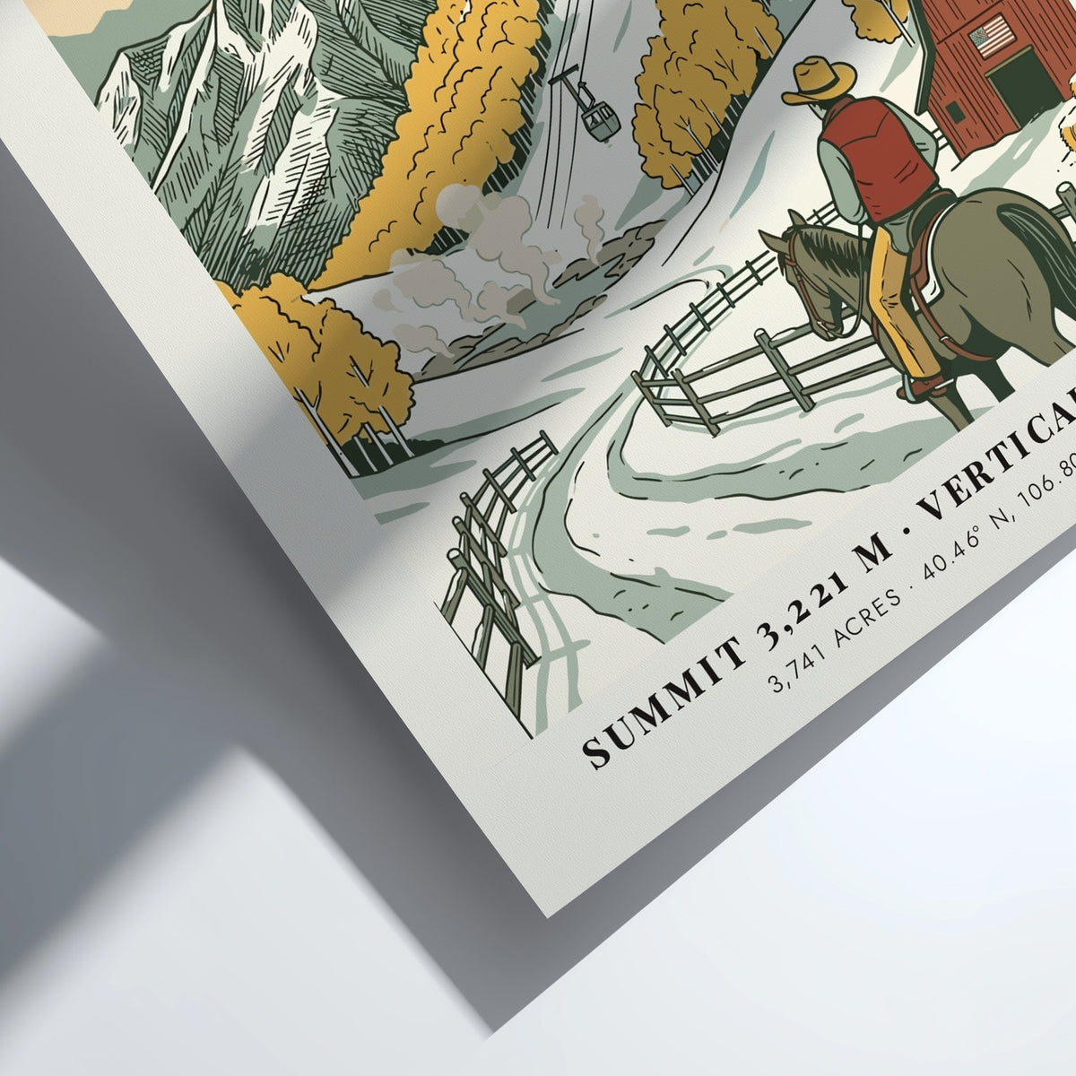 Poster of Steamboat Colorado with a cowboy on horseback watching skiers on snowy slopes.
