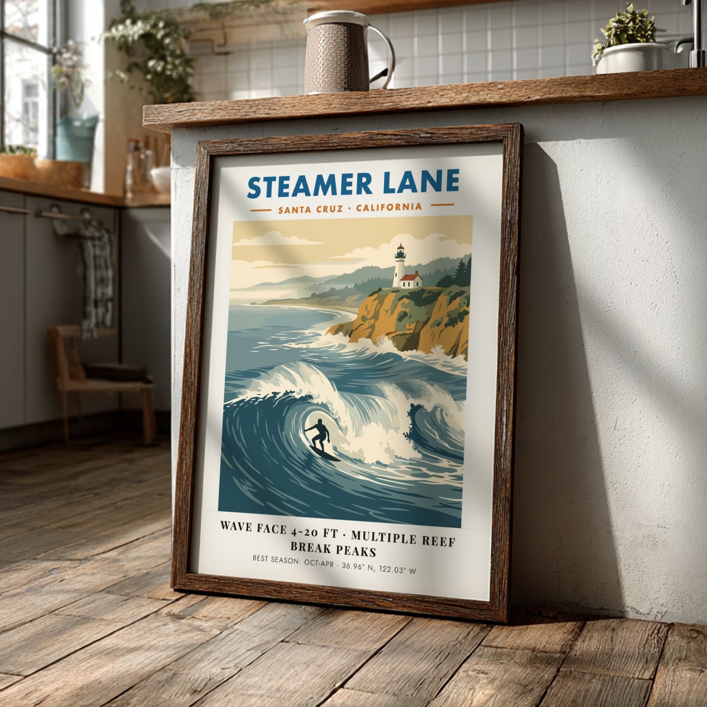 Steamer Lane poster showing a surfer on a wave with a lighthouse above cliffs.