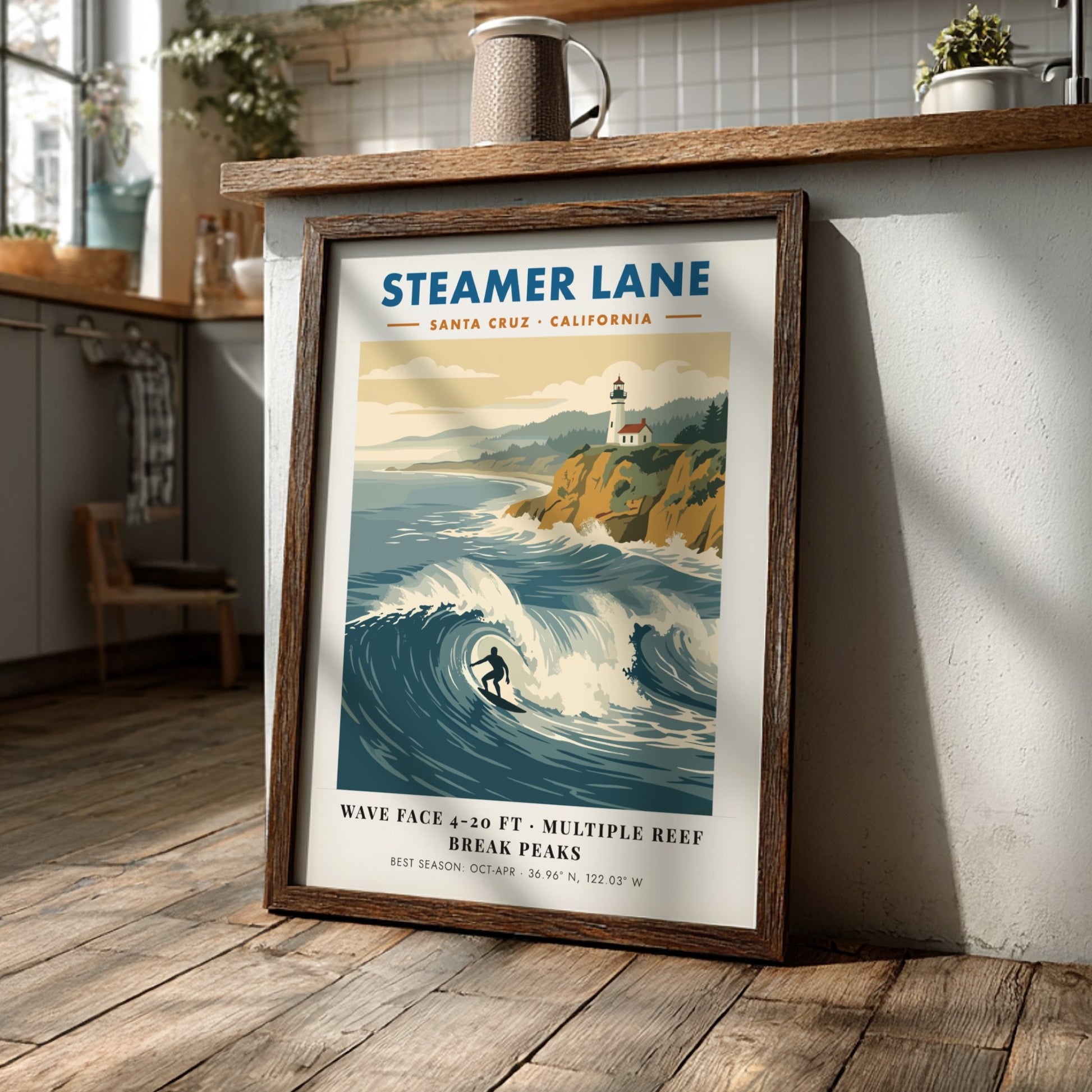 Steamer Lane poster showing a surfer on a wave with a lighthouse above cliffs.