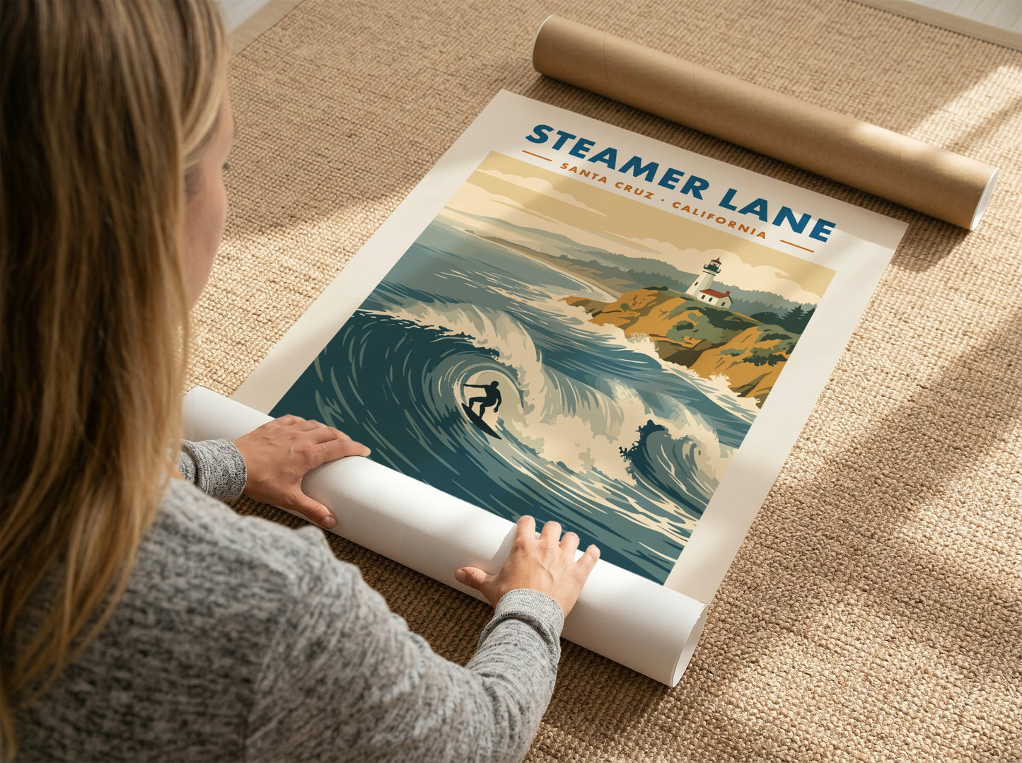 Steamer Lane poster showing a surfer on a wave with a lighthouse above cliffs.
