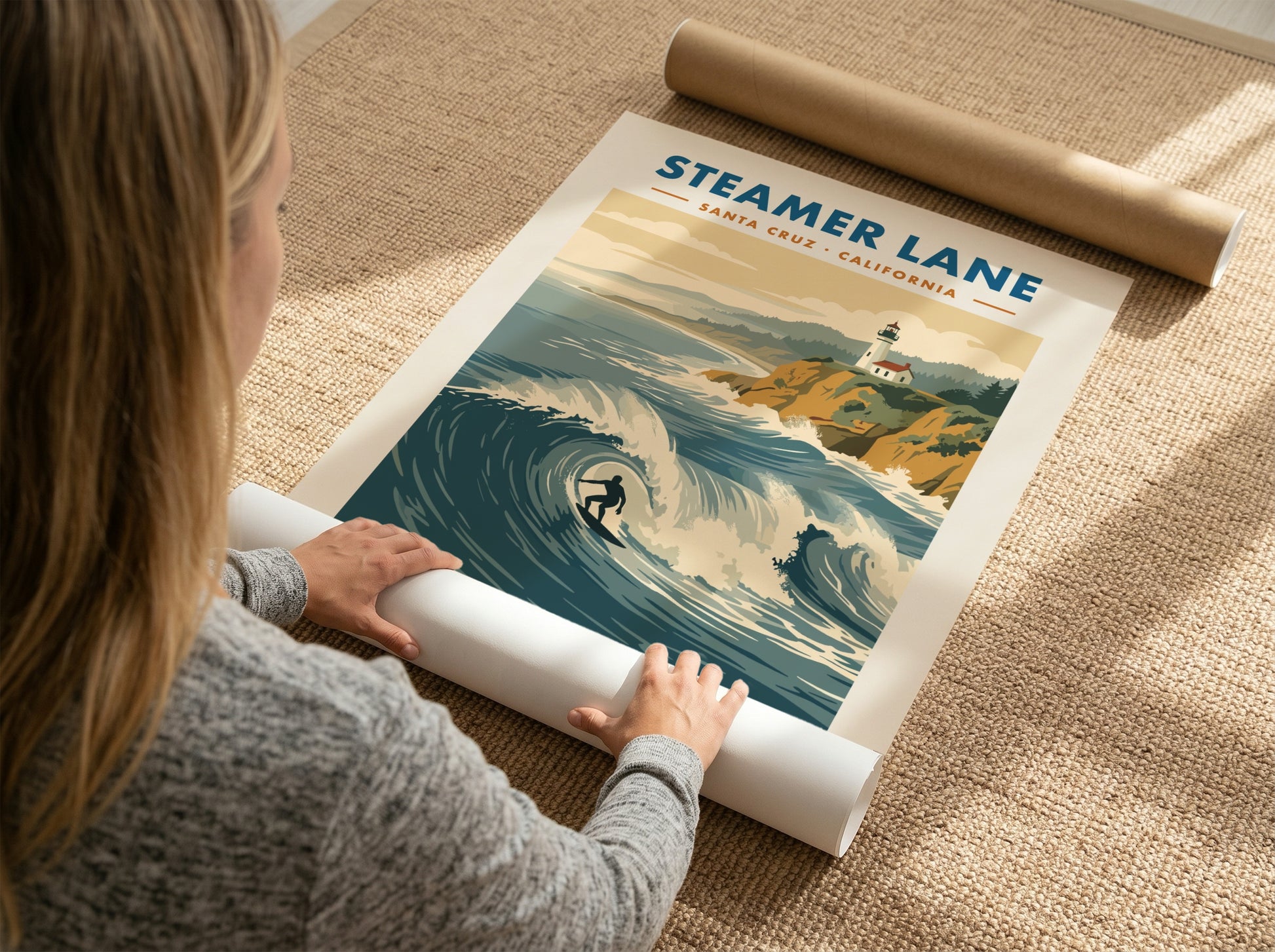 Steamer Lane poster showing a surfer on a wave with a lighthouse above cliffs.