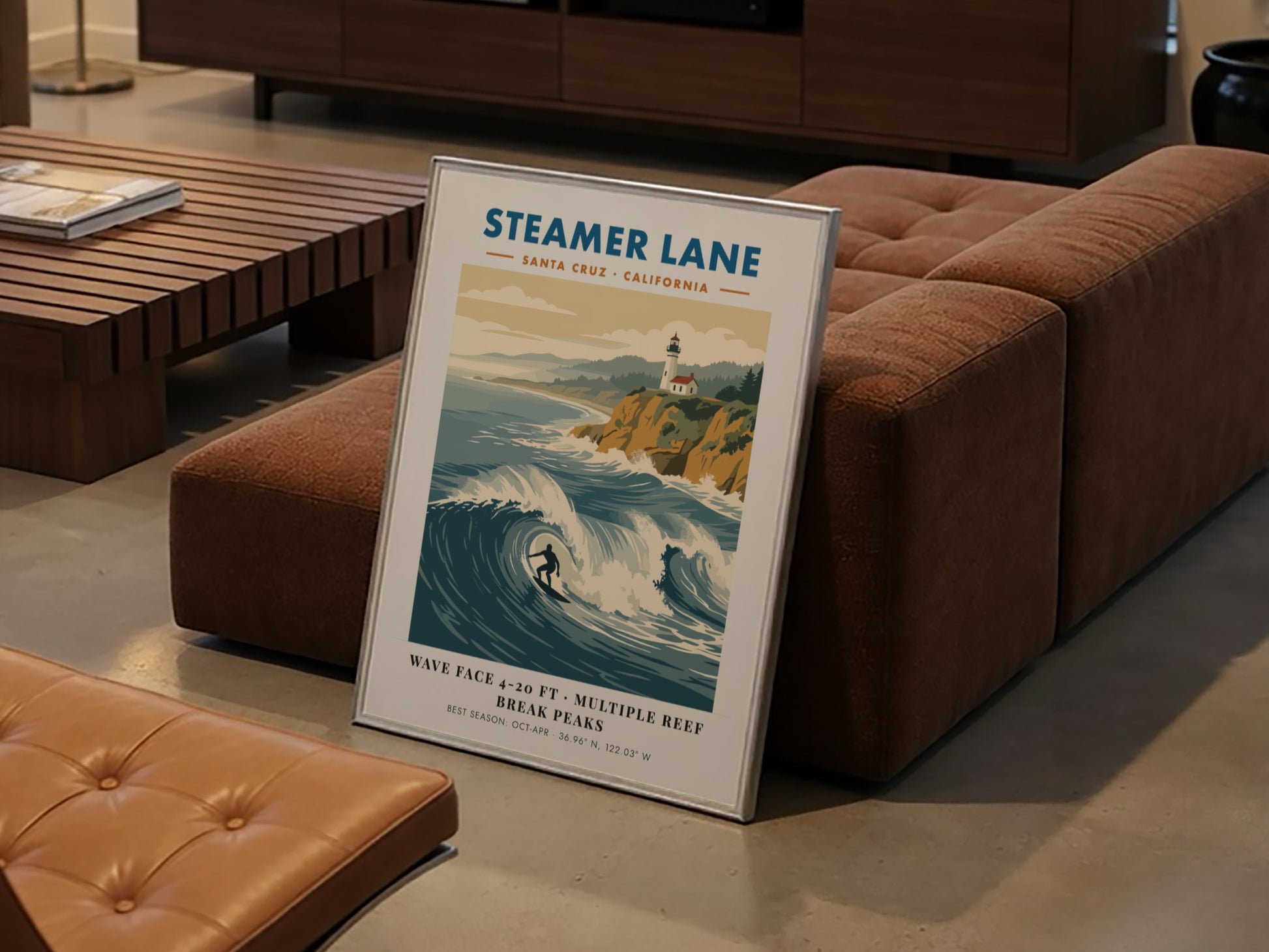 Steamer Lane poster showing a surfer on a wave with a lighthouse above cliffs.