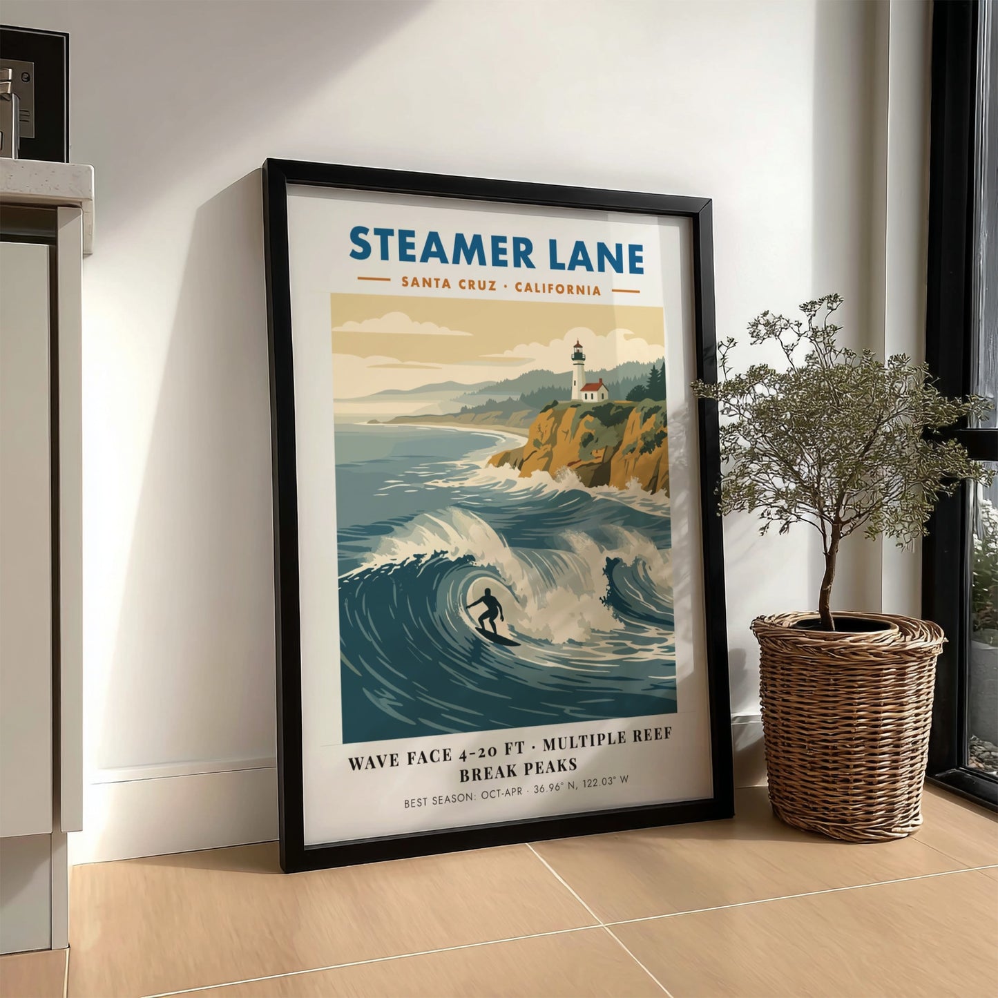 Steamer Lane poster showing a surfer on a wave with a lighthouse above cliffs.