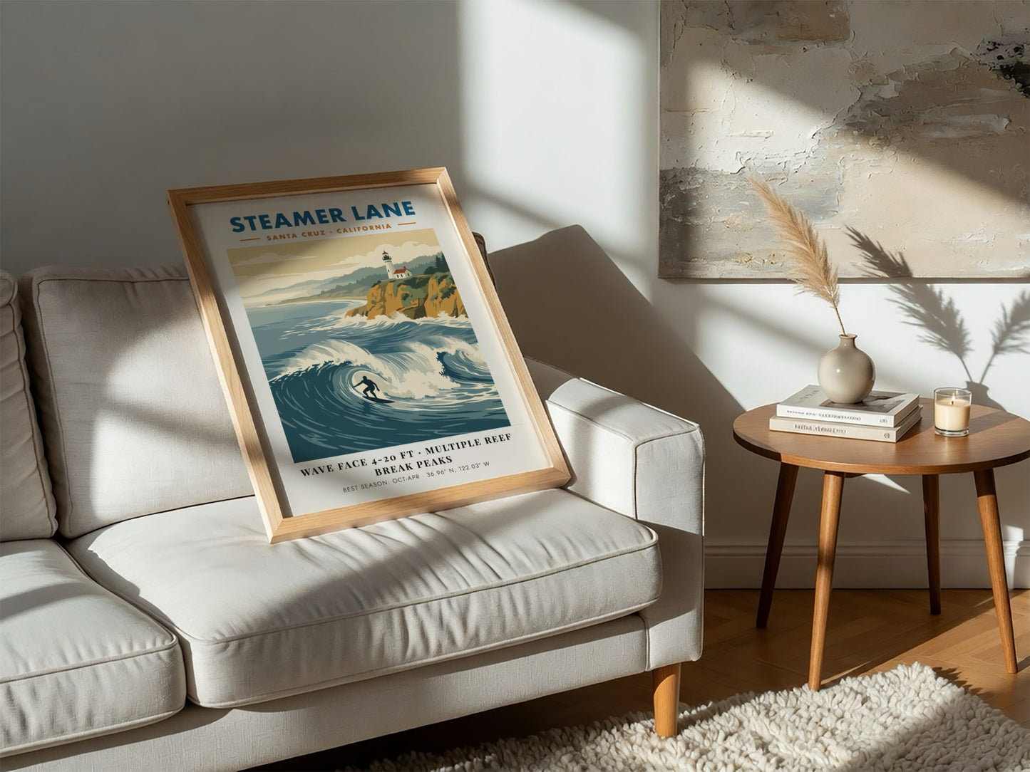 Steamer Lane poster showing a surfer on a wave with a lighthouse above cliffs.