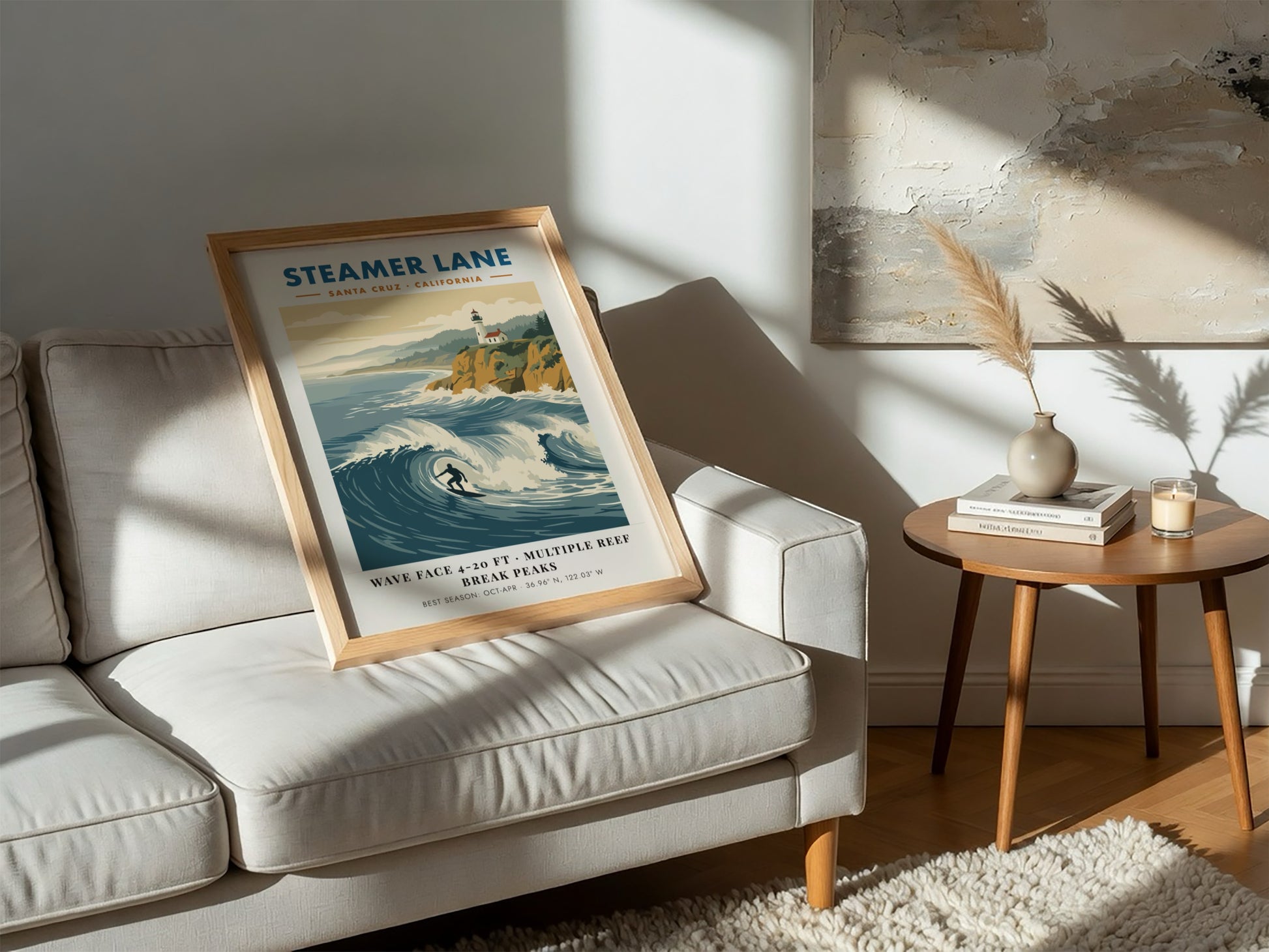Steamer Lane poster showing a surfer on a wave with a lighthouse above cliffs.