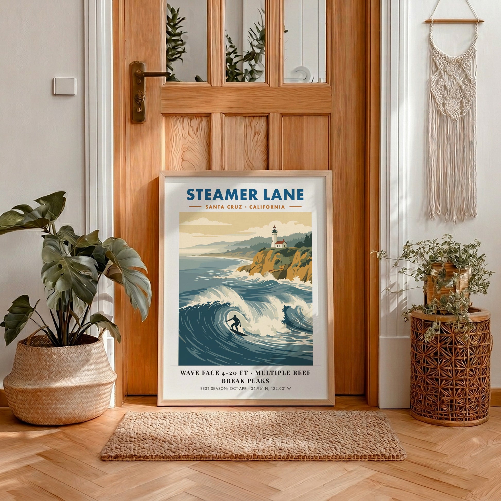 Steamer Lane poster showing a surfer on a wave with a lighthouse above cliffs.