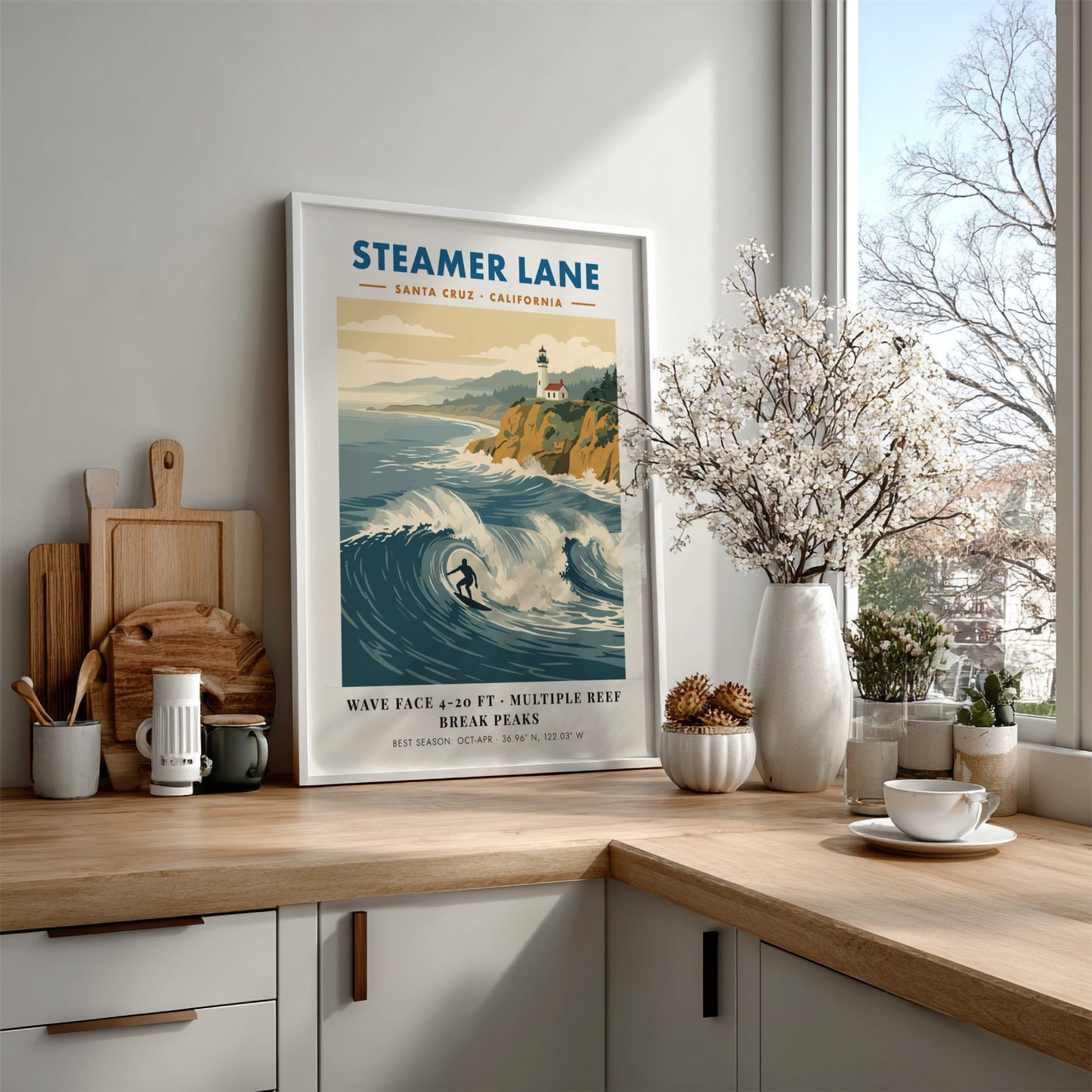 Steamer Lane poster showing a surfer on a wave with a lighthouse above cliffs.