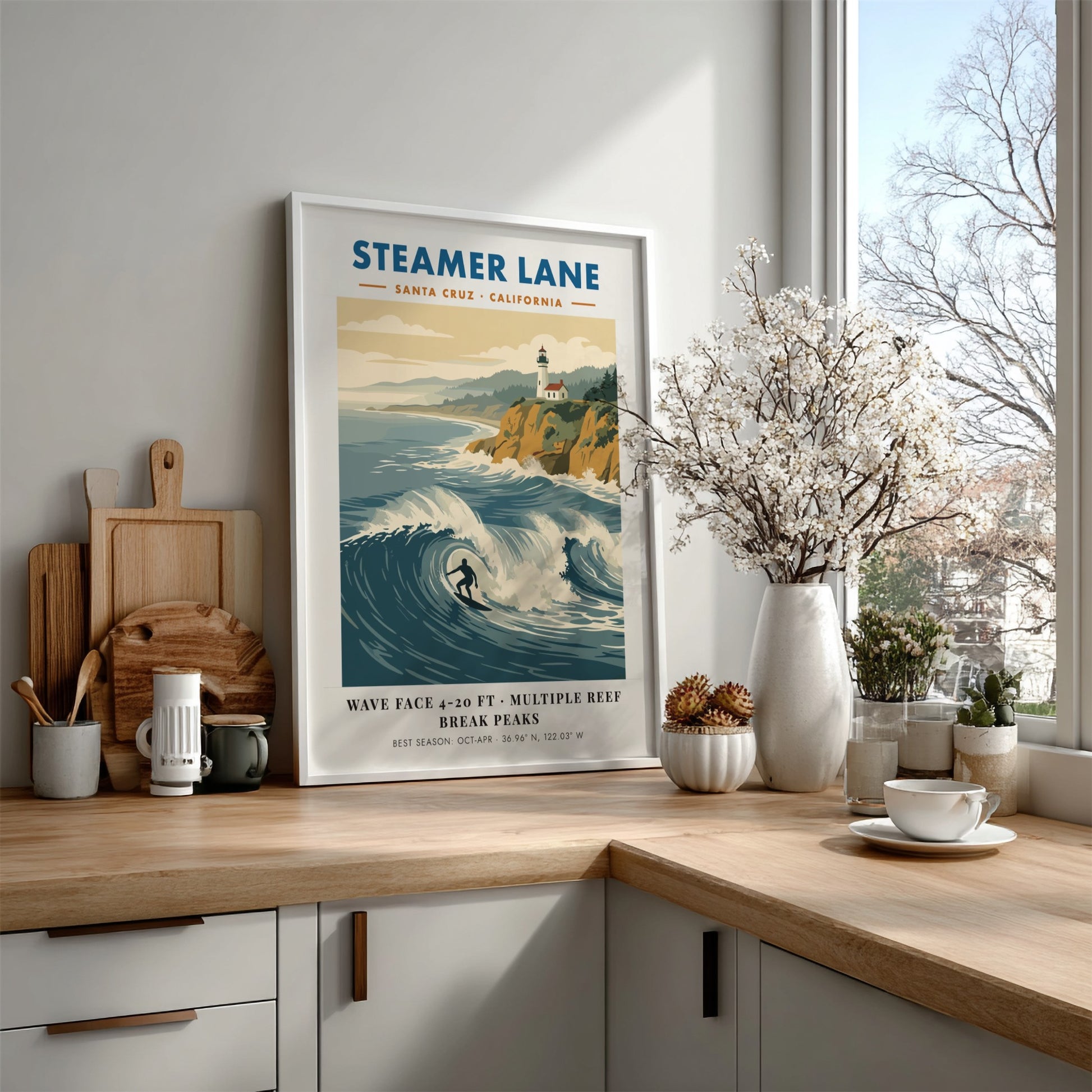 Steamer Lane poster showing a surfer on a wave with a lighthouse above cliffs.