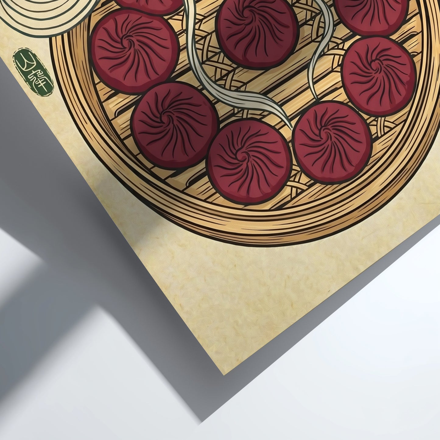Japanese art style poster featuring steaming dumplings in rich colors and intricate patterns