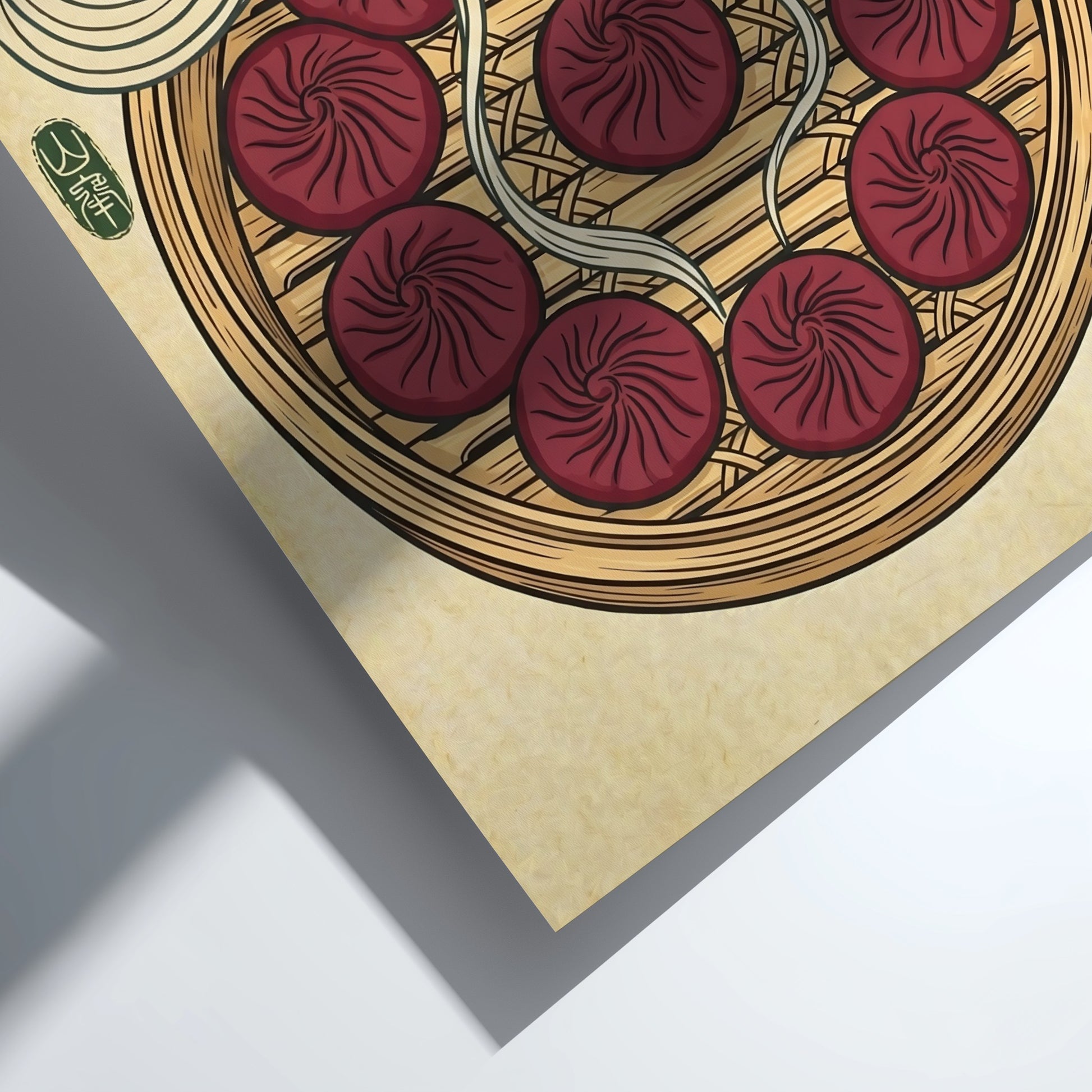 Japanese art style poster featuring steaming dumplings in rich colors and intricate patterns