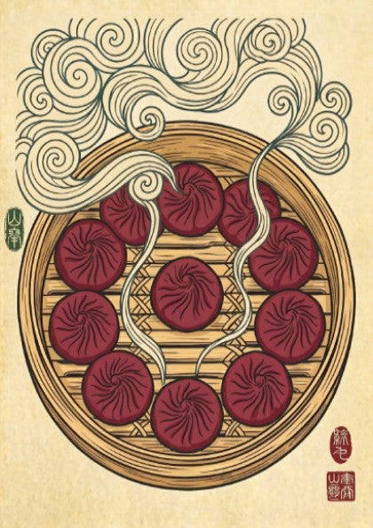 Japanese art style poster featuring steaming dumplings in rich colors and intricate patterns