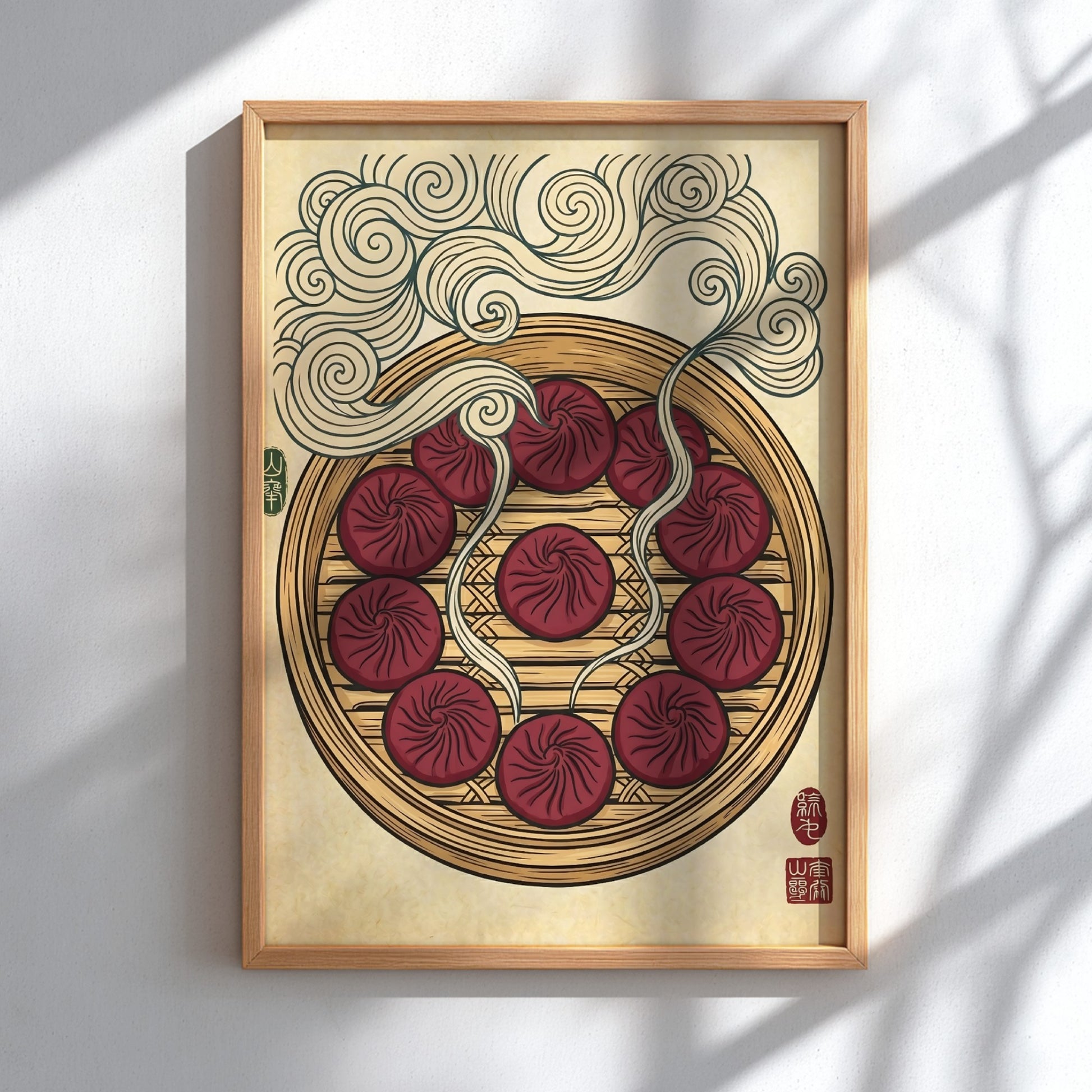 Japanese art style poster featuring steaming dumplings in rich colors and intricate patterns