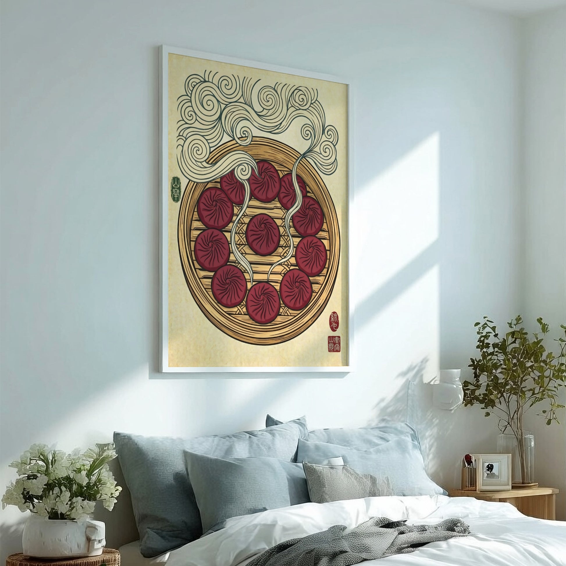 Japanese art style poster featuring steaming dumplings in rich colors and intricate patterns