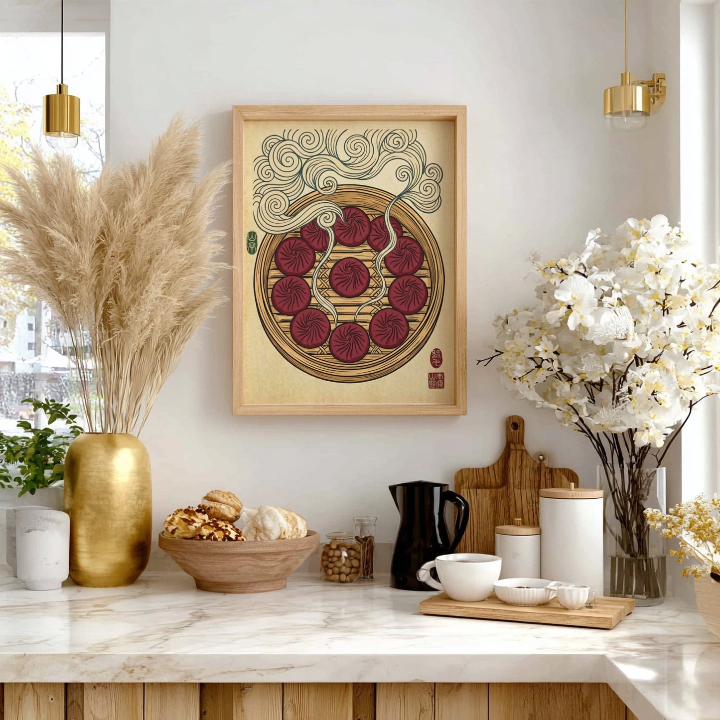 Japanese art style poster featuring steaming dumplings in rich colors and intricate patterns