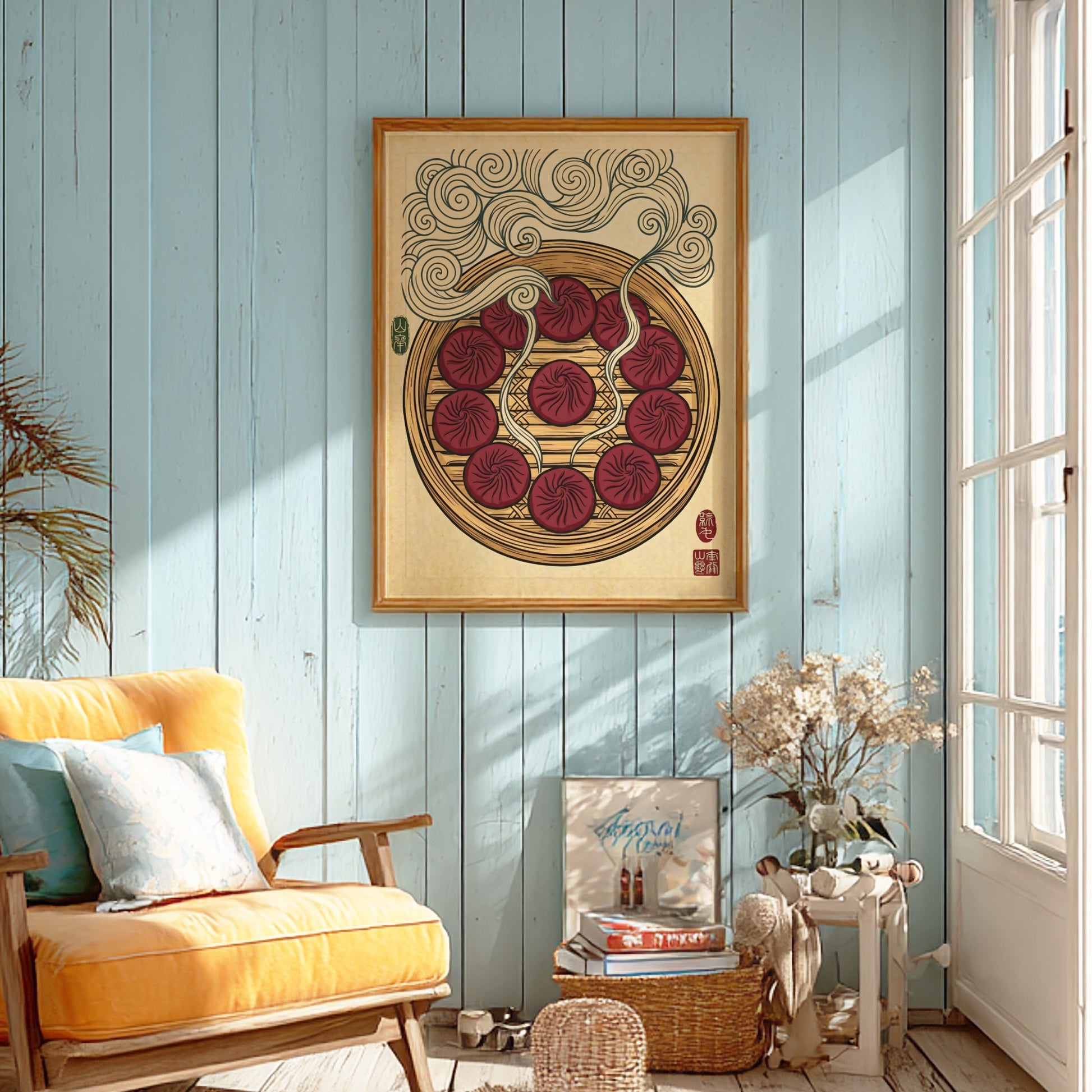 Japanese art style poster featuring steaming dumplings in rich colors and intricate patterns