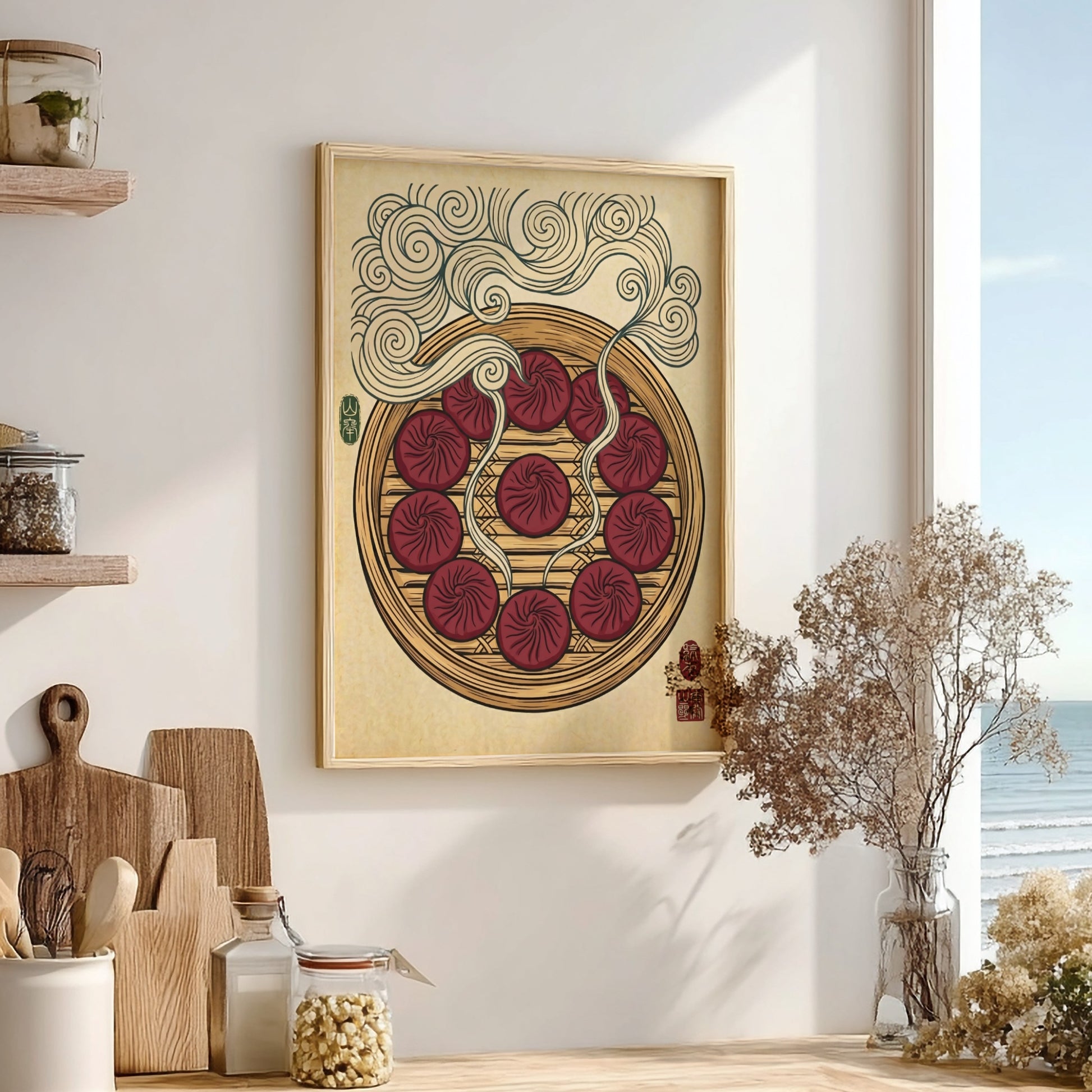 Japanese art style poster featuring steaming dumplings in rich colors and intricate patterns