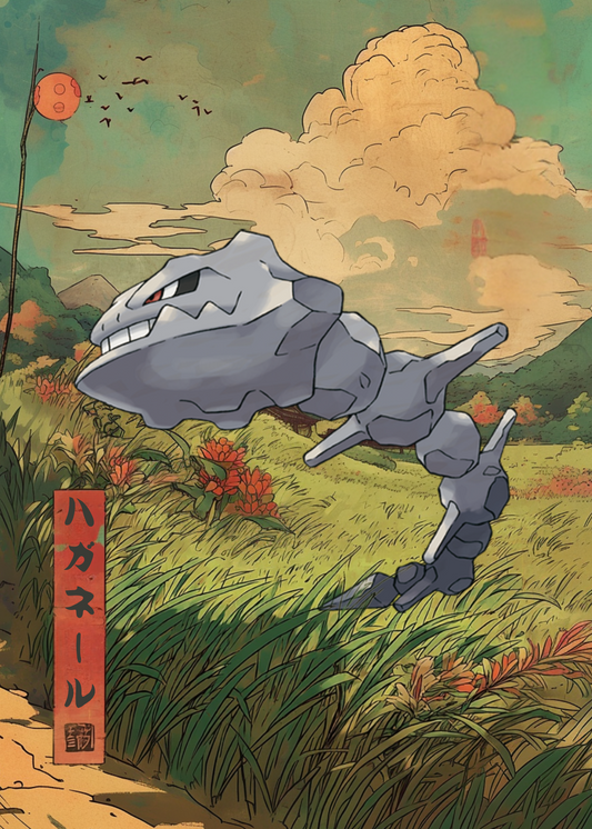 Steelix Pokemon in a field with a dramatic sky and traditional Japanese elements.