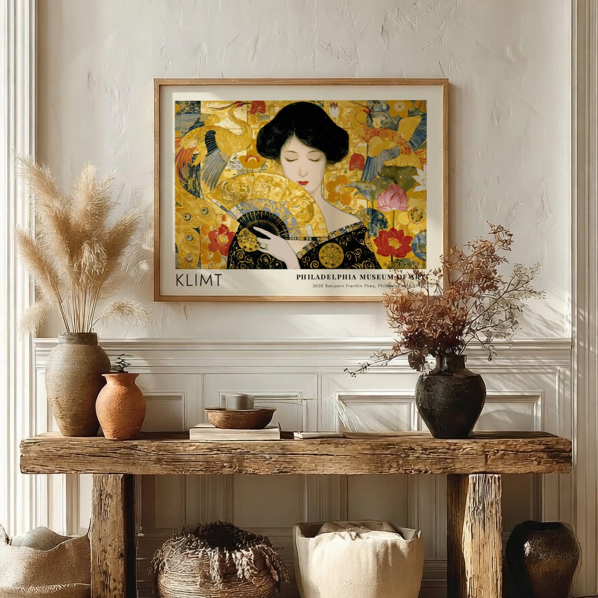 Wall art print featuring Klimt inspired design with vibrant golds and greens