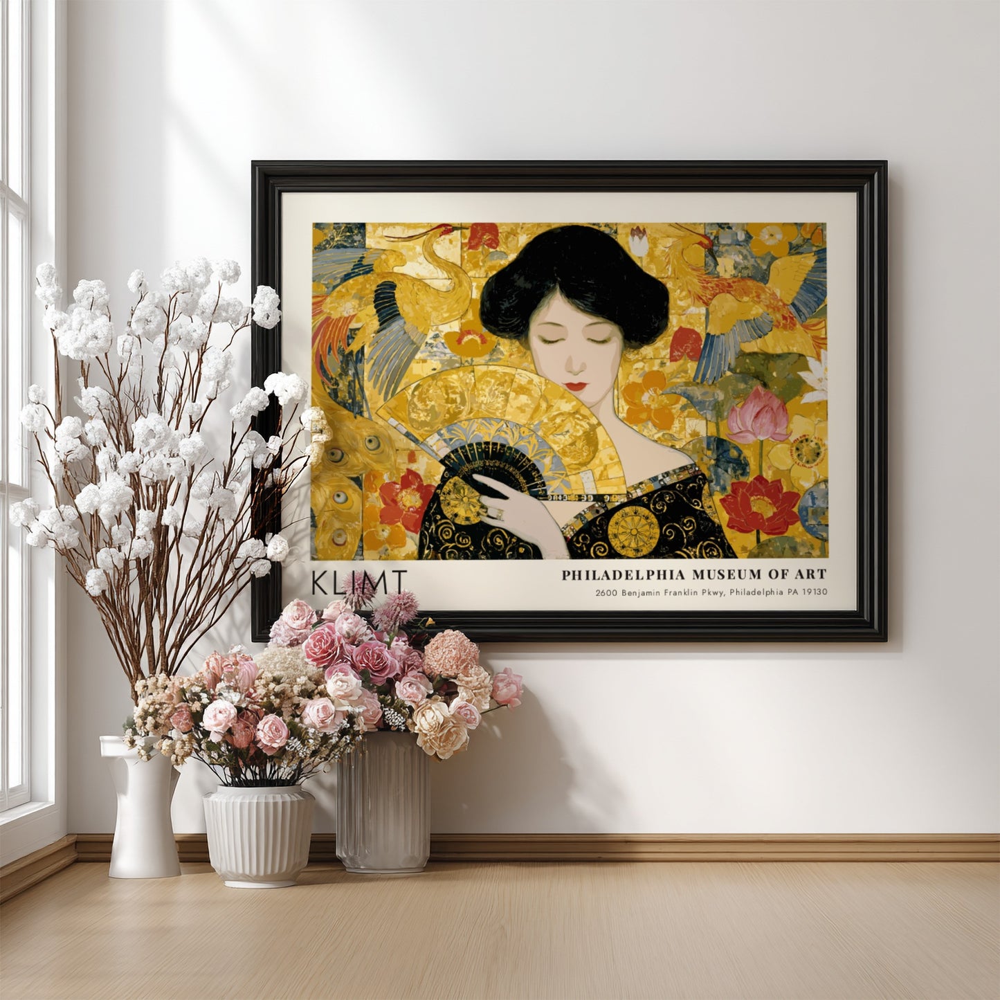 Wall art print featuring Klimt inspired design with vibrant golds and greens