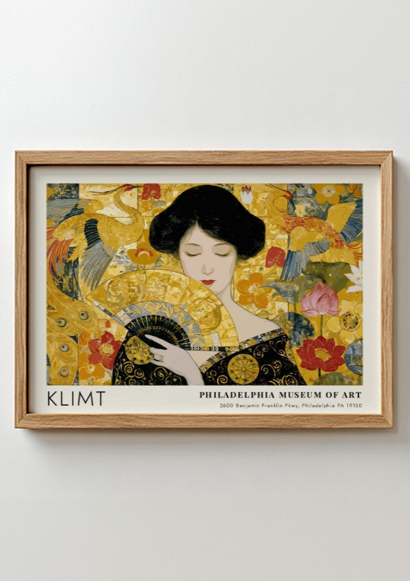 Wall art print featuring Klimt inspired design with vibrant golds and greens