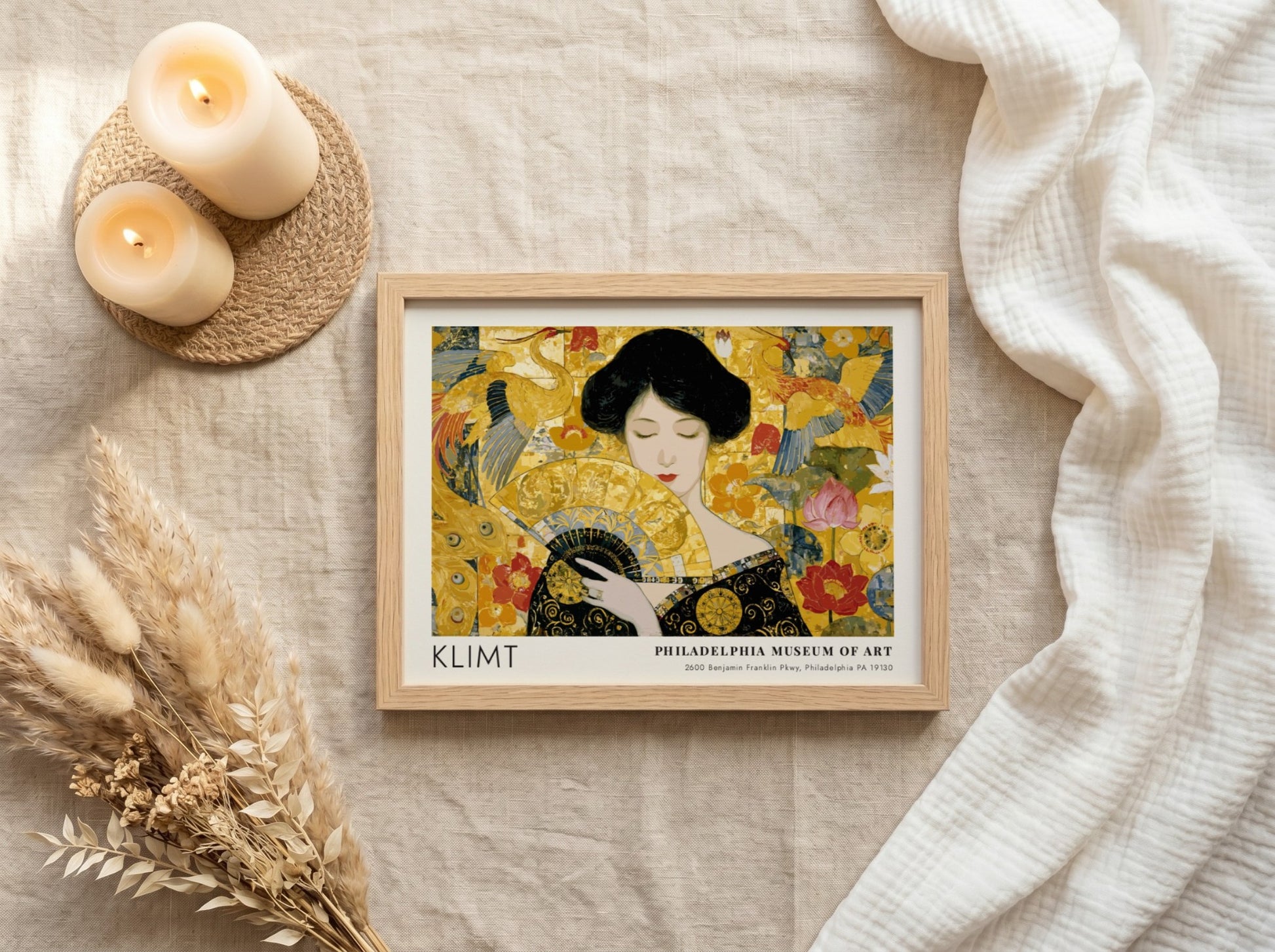 Wall art print featuring Klimt inspired design with vibrant golds and greens