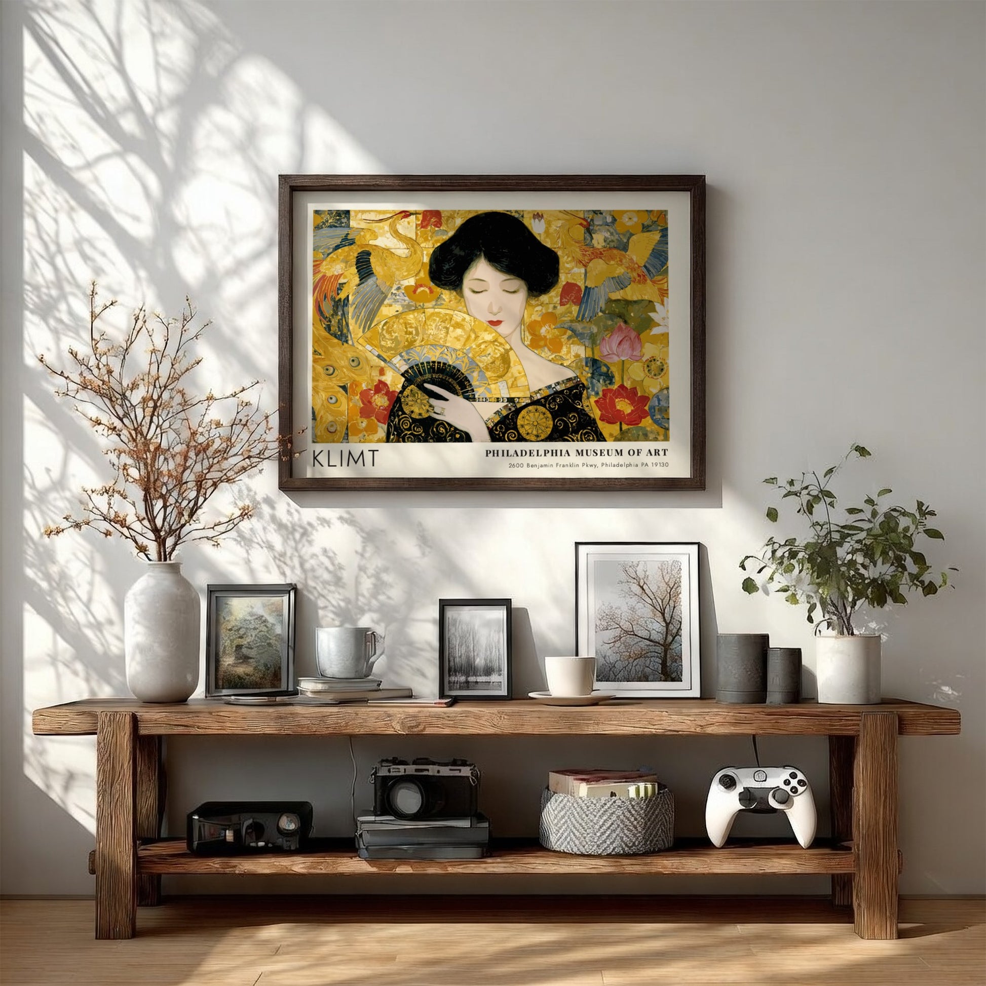 Wall art print featuring Klimt inspired design with vibrant golds and greens