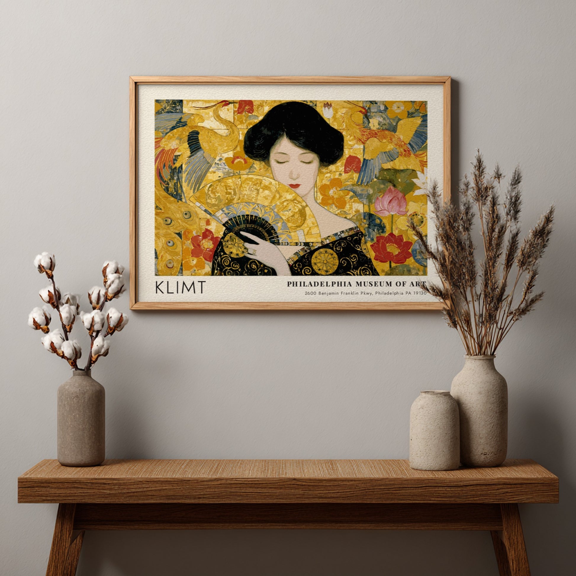 Wall art print featuring Klimt inspired design with vibrant golds and greens