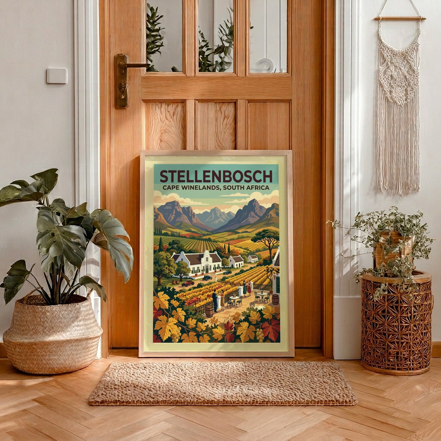 Travel poster of Stellenbosch with vineyards, white estates, and mountains in classic style.