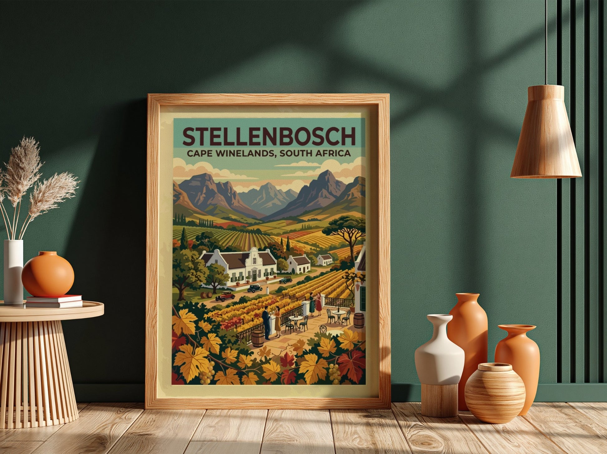 Travel poster of Stellenbosch with vineyards, white estates, and mountains in classic style.