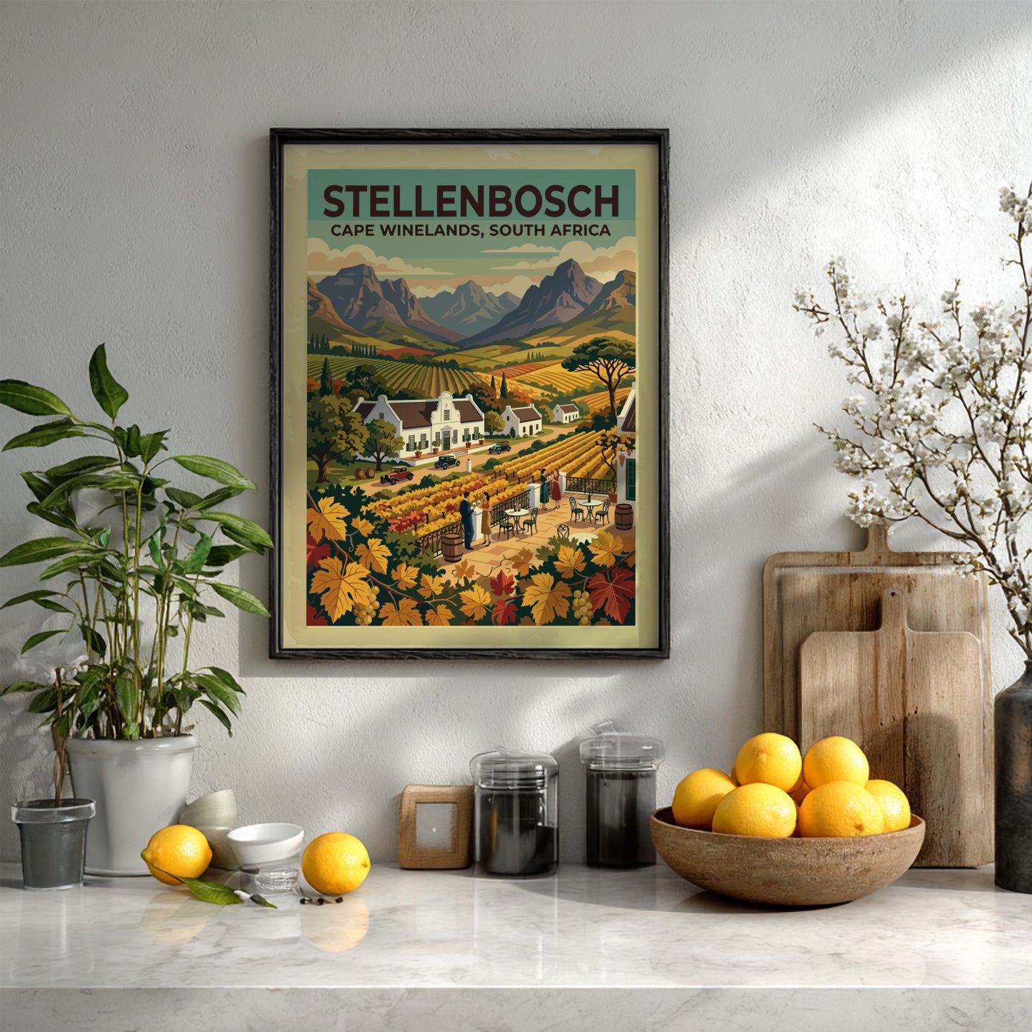 Travel poster of Stellenbosch with vineyards, white estates, and mountains in classic style.