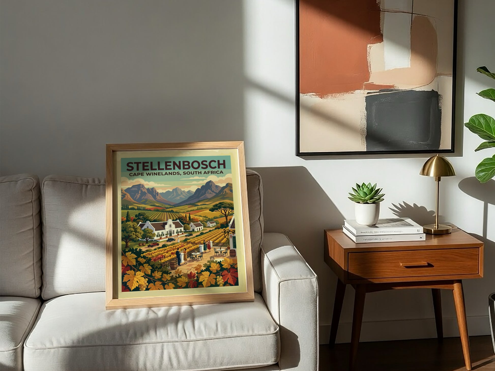 Travel poster of Stellenbosch with vineyards, white estates, and mountains in classic style.
