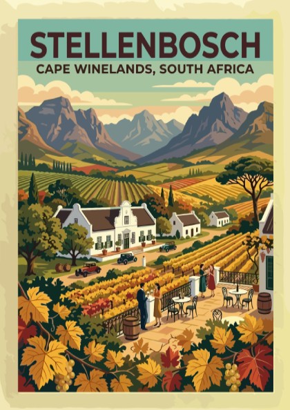 Travel poster of Stellenbosch with vineyards, white estates, and mountains in classic style.