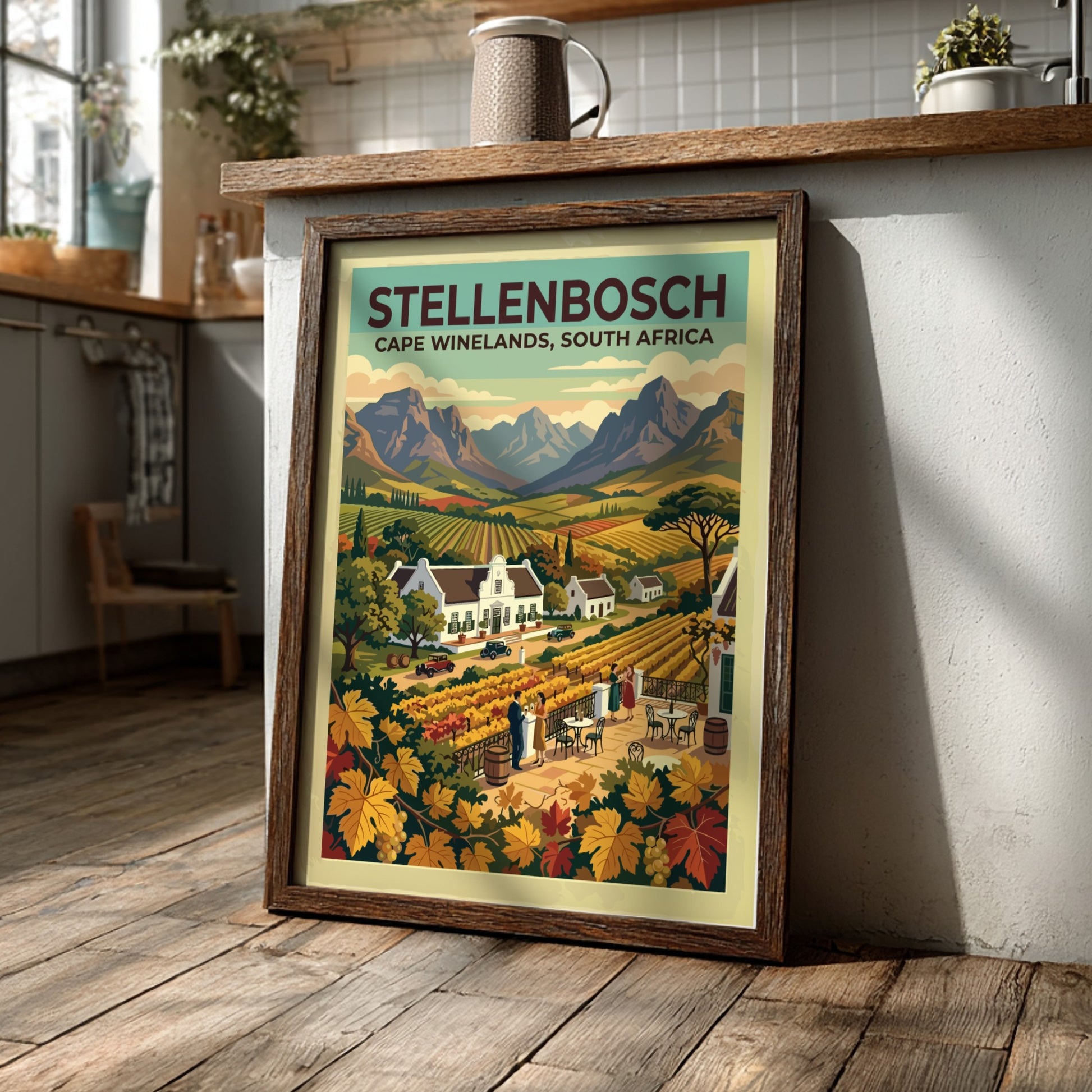 Travel poster of Stellenbosch with vineyards, white estates, and mountains in classic style.