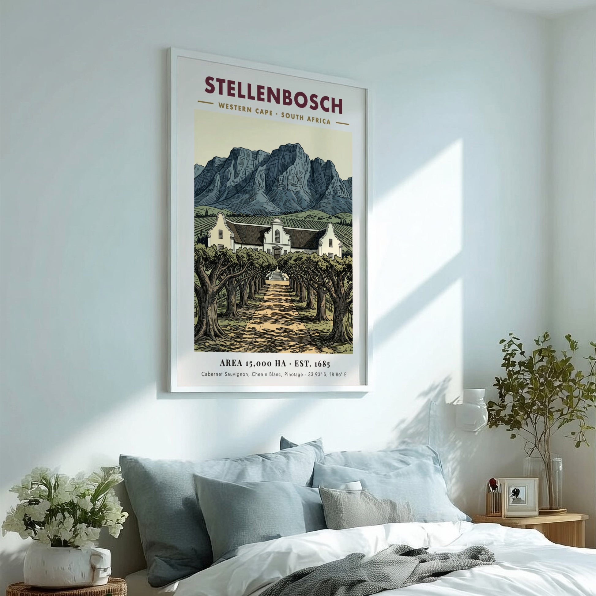Poster featuring Stellenbosch South Africa with Cape Dutch architecture and mountains in vintage style.