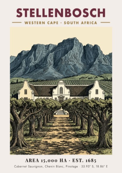 Poster featuring Stellenbosch South Africa with Cape Dutch architecture and mountains in vintage style.