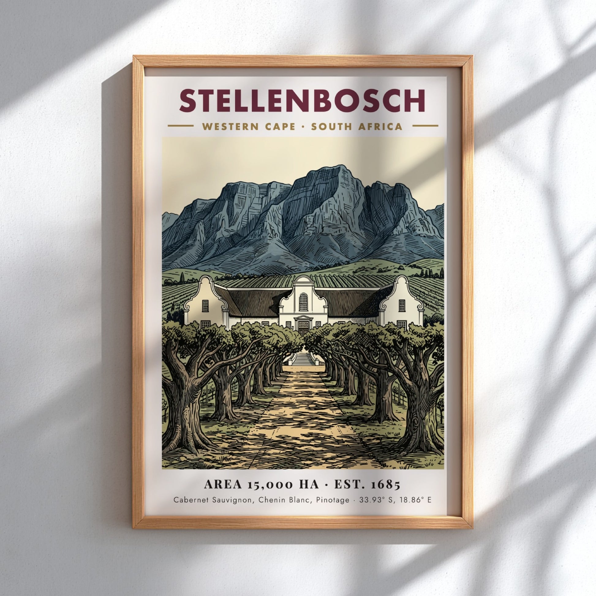 Poster featuring Stellenbosch South Africa with Cape Dutch architecture and mountains in vintage style.