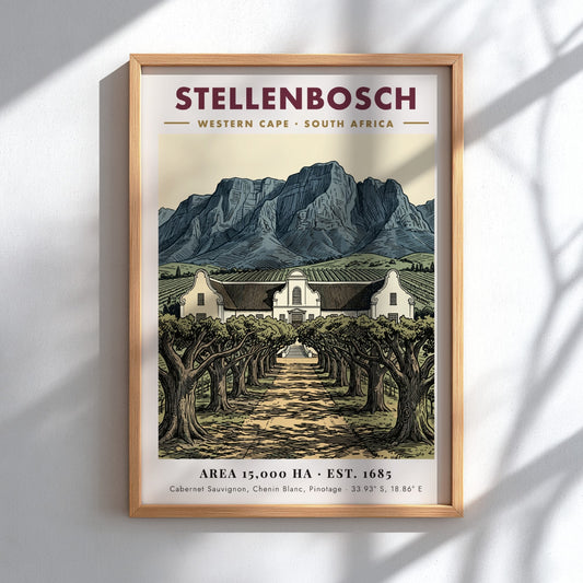 Poster featuring Stellenbosch South Africa with Cape Dutch architecture and mountains in vintage style.