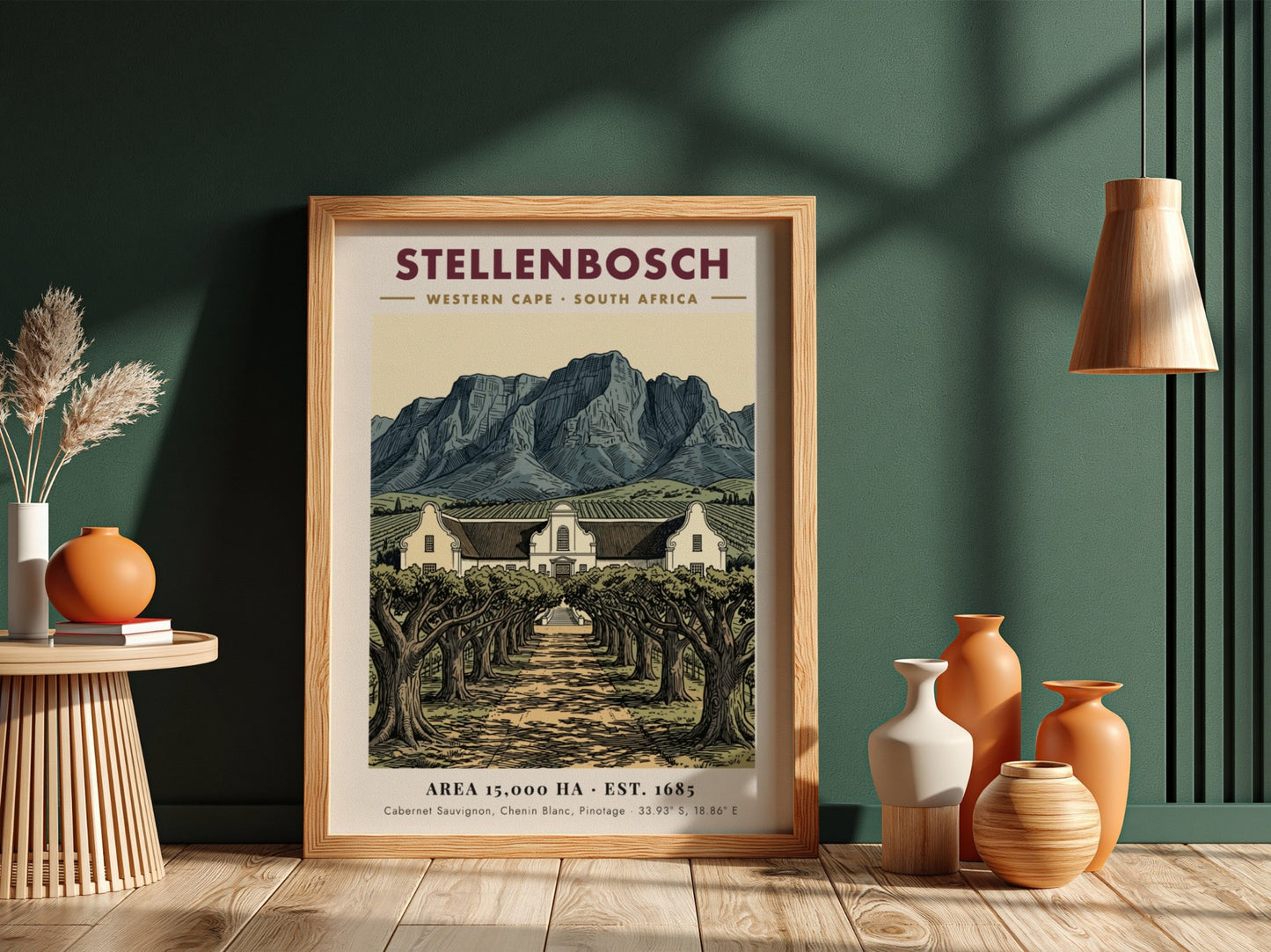 Poster featuring Stellenbosch South Africa with Cape Dutch architecture and mountains in vintage style.